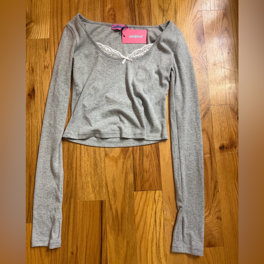 Edikted Light Gray Long Sleeve Top with Lace Trim